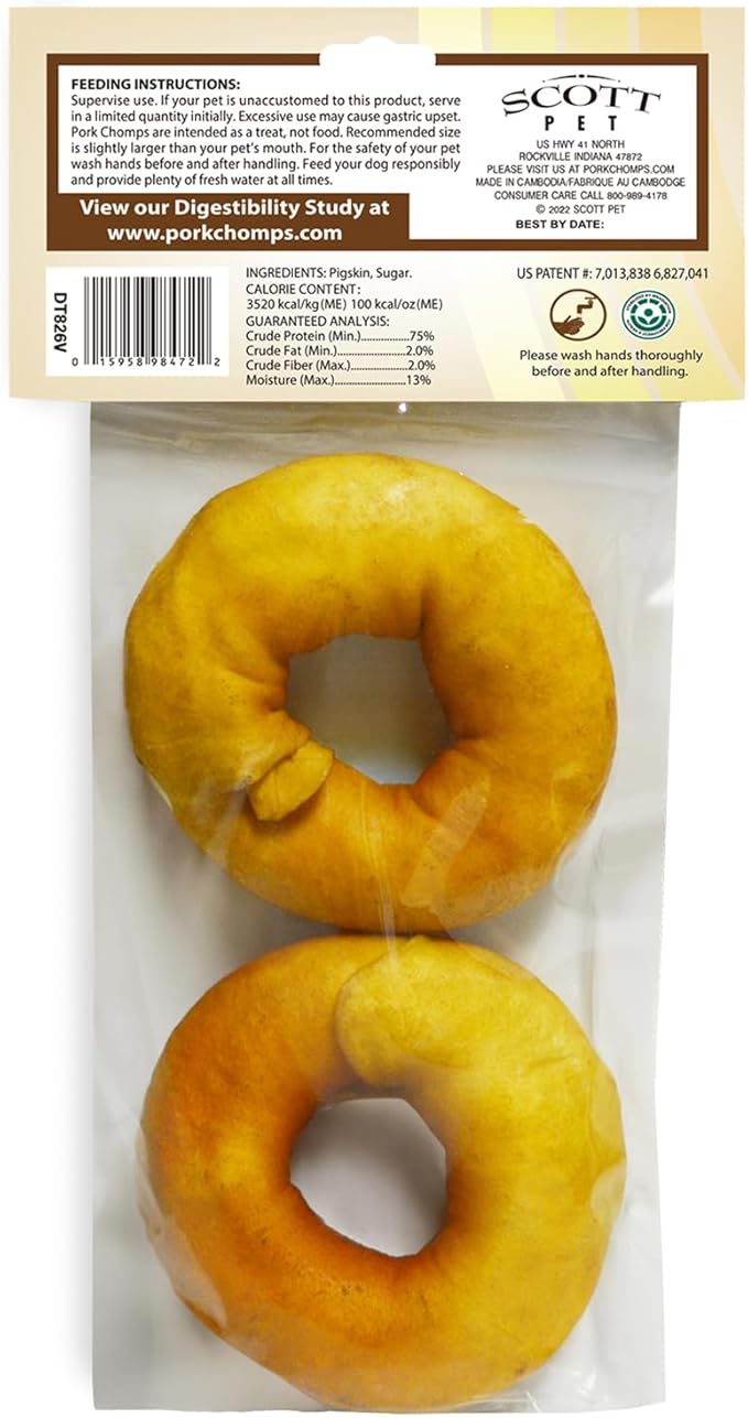 Pork Chomps Roasted Pork Skin Dog Chews, 3 Inch Donuts, Real Chicken, 2 Count, Pack of 1 - Long-Lasting Treats for Dogs - High Protein, Rawhide-Free, Low Fat, Healthy & Delicious Chews