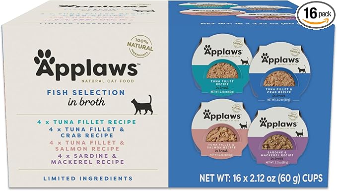 Applaws Natural Wet Cat Food in Broth, Limited and Natural Ingredients, High Protein with No Artificial Additives, Variety Fish Selection in Broth (16 x 2.12 oz Easy-Open Cups)