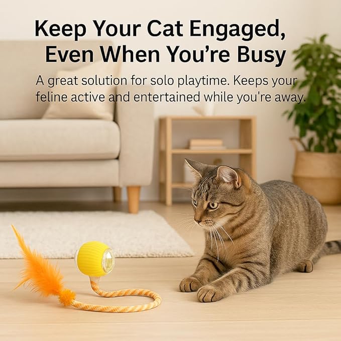 Automatic Cat Toy Ball – Rechargeable Cat Ball with Feather & Ribbon Tail – Light-Up Effects – Smart Rolling Indoor Cat Toys – Dual Speeds – Interactive Cat Toys for Kittens