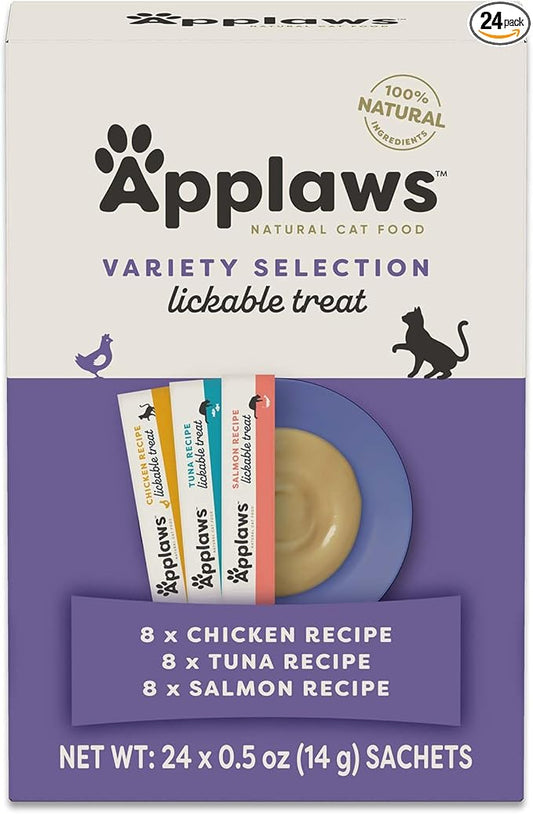 Applaws Lickable Cat Treats, Natural Grain-Free Purée, Limited and Natural Ingredients, No Artificial Additives, Variety Selection Squeeze Up Treats (24 x 0.5oz Sachets)