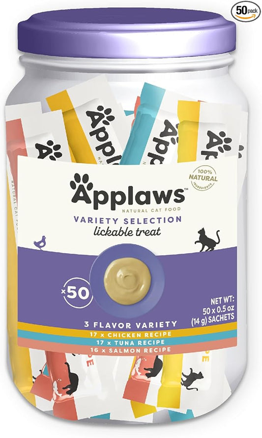 Applaws Lickable Cat Treats, Natural Grain-Free Purée, Made with Limited and Natural Ingredients, Variety Pack with Chicken, Tuna & Salmon Squeeze Up Treats (50 x 0.5oz Sachet Tub)