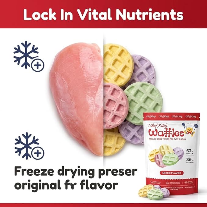 Waffle Freeze Dried Chicken Cat Treats | Healthy Kitten Treats Inspected in USA | Human Grade Dog & Cat Food Toppers | Without Additives, 4 Flavors, 2.1 oz