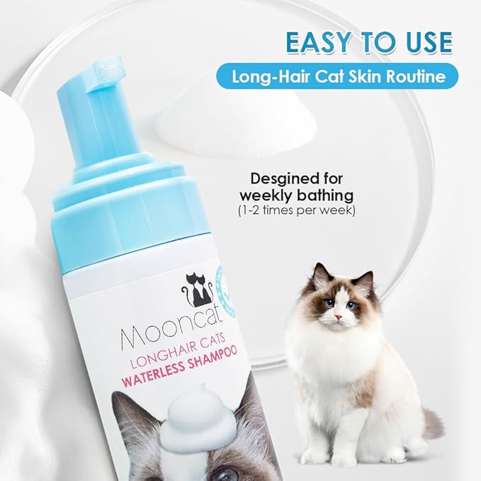 Mooncat Waterless Cat Shampoo for Longhair Cats | Licking Safe No-Rinse Dry Foam to Soften Mats & Smooth Fur | Gentle Formula for Kittens & Sensitive Skin, pH Balanced - 5oz