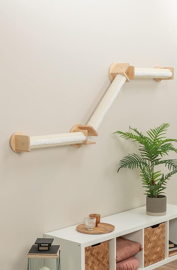 Trixie Cat Wall Furniture Set 2 - Cat Wall Scratcher, Climbing Shelves - 3 Sisal Rope Scratching Posts - Elevated Shelf - Natural/White