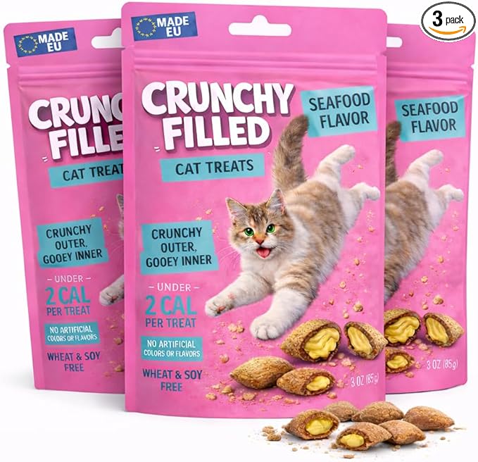 Calming Cat Treats for Indoor Cats – Crunchy Soft Pillow Bites with Gooey Center – Seafood Low Calorie Kitty Treats – Cat Snacks Food Topper Training Reward Wheat Soy Free Healthy Dental – 9oz