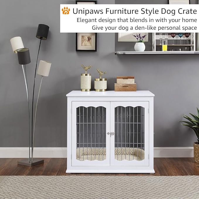 unipaws Furniture Style White Dog Crate for Medium Large Dogs, Indoor Aesthetic Dog Stuff Kennel, Modern Decorative Wood Wire Pet House Dog Cage, Pretty Cute End Side Table Nightstand…