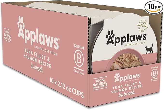 Applaws Natural Wet Cat Food in Broth, Limited and Natural Ingredients, High Protein with No Artificial Additives, Tuna Fillet & Salmon in Broth (10 x 2.12 oz Easy-Open Cups)
