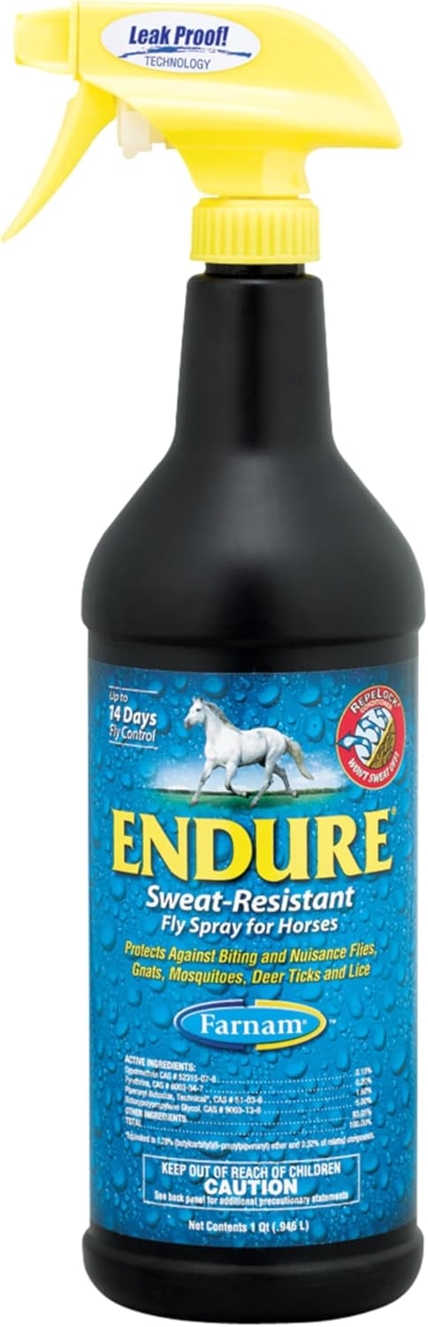 Farnam Endure Sweat-Resistant Fly Spray for Horses, Lasts Up to 14 Days, Protects Against Flies, Gnats, Mosquitoes, Ticks & Lice, 32 oz.