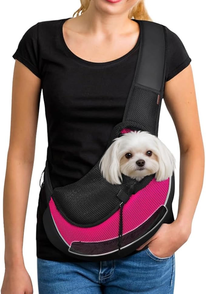 YUDODO Pet Sling Carrier for 2-5 lbs Small Dogs & Cats – Hands-Free Puppy Carrier with Safety Hook, Large Zipper Pocket, Soft Breathable Mesh, Adjustable Strap & Reflective Strip (Pink 3.0 S)