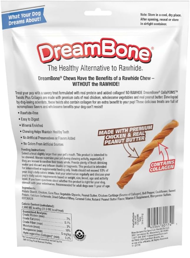 DreamBone CollaYUMS Twists Plus Collagen Chews for Dogs, 10 Count, Treat Your Dog to Rawhide-Free Chews Made with Chicken, Vegetables and Peanut Butter (Pack of 2)