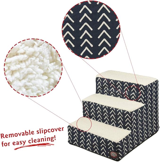 Majestic Pet 3 Step Portable Dog Stairs for Small Dogs to get on Bed Supports 25 lbs or Less – Dog Steps for High Bed with Machine Washable Cover – Pet Stairs for Cats Boho Arrow Navy Blue