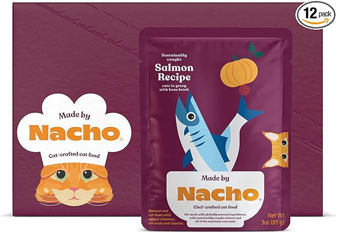 Made by Nacho Wet Cat Food, Cuts in Gravy, Sustainably-Caught Salmon with Bone Broth for Extra Hydration, (12) 3 oz. Pouches, Limited Ingredients