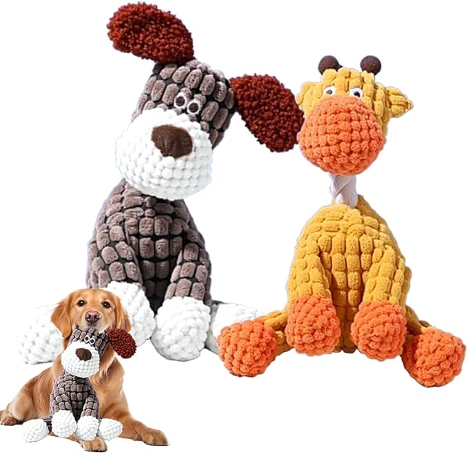 2026 New Dog Toys, Indestructible Plush Dog Toy for Aggressive Chewers, Interactive Squeaky Soft Puppy Chew Toy, Durable Teething Toys for Small Medium Large Dogs (Brown+Orange)