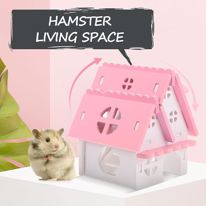 LOGOFUN Guinea Pig Castle Small Animal Wooden Maze Hut Detachable Hideout House with Door Bird Cage Accessories for Hamster Chinchilla Dwarf Rabbit Hedgehog Squirrel - Pink