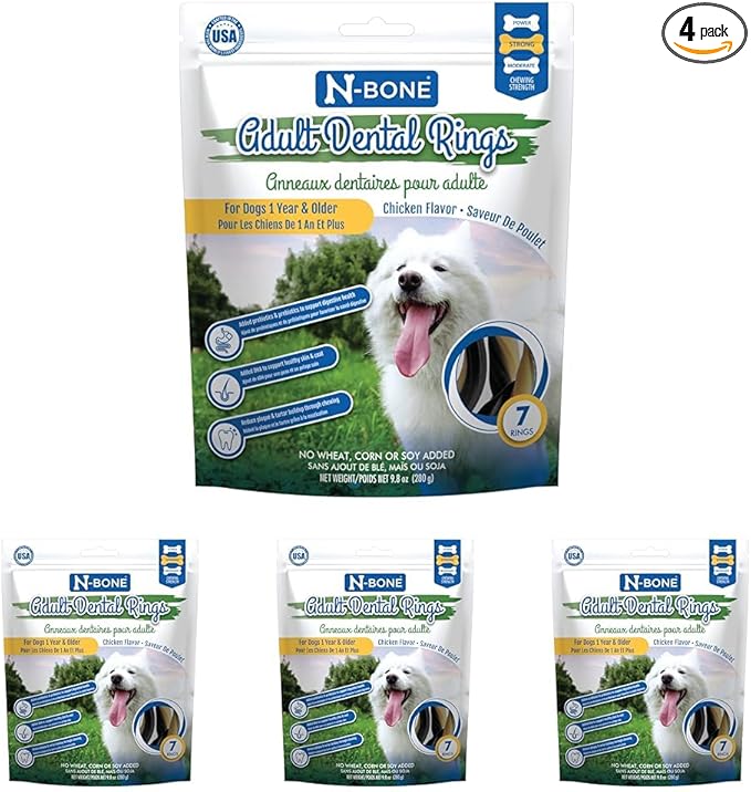 N-Bone Adult Dental Rings Chicken Flavor Dog Treats, 7 Count 9.8-oz Bag, Brown, 1 Count (Pack of 4)