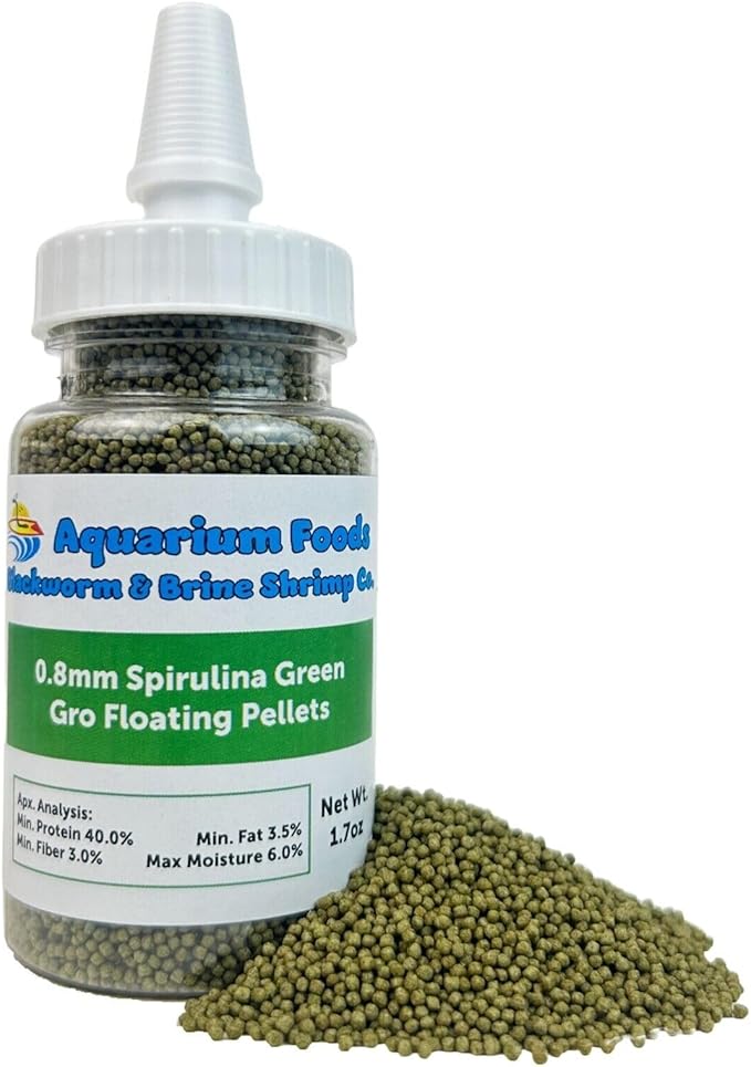 0.8mm Micro Spirulina Green Gro Floating Pellets for Guppies, Tetras, Bettas, Nano Fish, All Baby Fish…1.7oz Squeeze Bottle