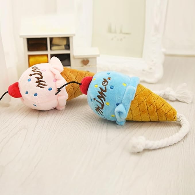 GANPUB 1 Pc Ice Cream Dog Squeaky Toys, Puppy Chew Toys with Ropes, Dog Plush Toy for Small to Medium Dogs and Cats Pet SuppliesToys（Brown and Blue）