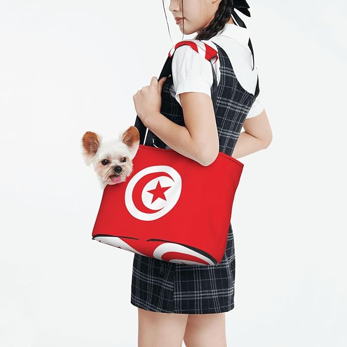 Foldable Pet Carrier Sling - Waterproof Small Dog & Cat Travel Tunisian Flag Tote with Safety Hook for Hiking