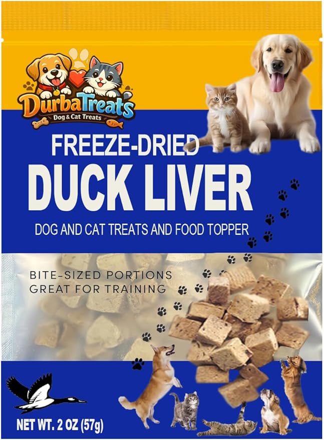Freeze Dried Duck Liver Raw Highly Nutritious Dog & Cat Treats - Hypoallergenic Protein-Rich Snack, Food Topper. Weight Control, Training Bites, Excellent for Sensitive Pets (2 Ounce, Duck Liver)