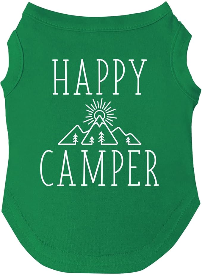 Happy Camping Dog Tee Shirt | Sleeveless Breeds | Summer | Outdoors | Travel | Hike |Green, Medium 278