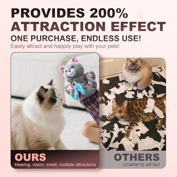 Interactive Cat Wrestling Puppet Toy with Feather Teaser - Thickened Bite-Resistant Training Glove for Safe Play, Realistic Prey Mimicry for Indoor Cats, Boredom Relief & Exercise, Grey