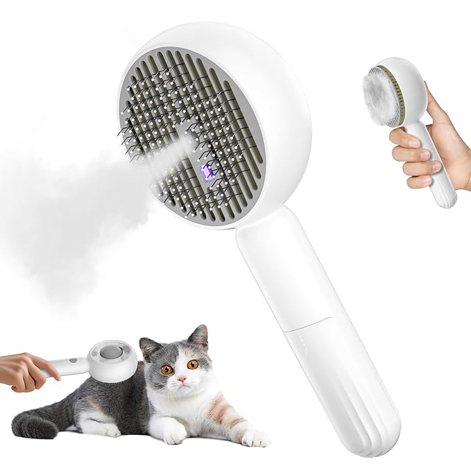 4 in 1 Cat Steam Brush for Shedding, Pet Grooming Brush with Self-Cleaning & Anti-Static, Massage Comb for Long and Short Haired Cats/Dogs, Gray