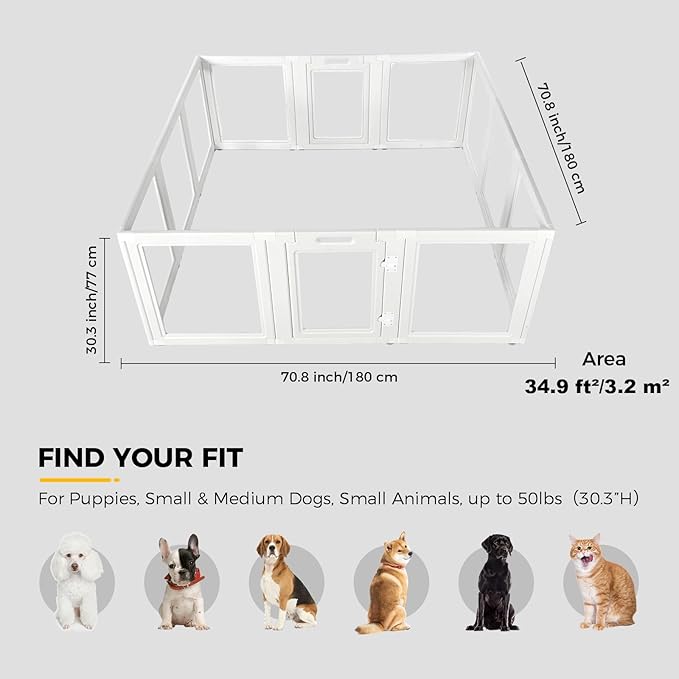 EVERFRONT Clear Acrylic Plastic Dog Playpen - Clear Dog Play Pen - Easy Assemble Acrylic Dog Playpen - Puppy Playpen, Small Animal Playpen, Dog Play Pen Indoors (White, 30.3", 12PCS Divider)