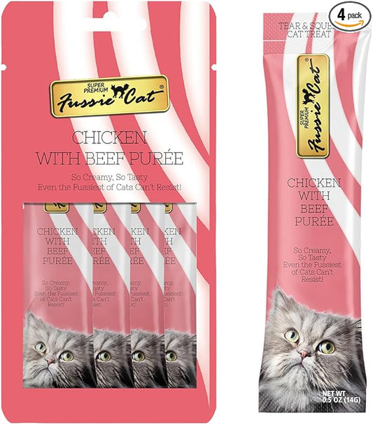 Fussie Cat Chicken and Beef Puree, lickable cat Treats, 0.5oz Pouch Pack of 4