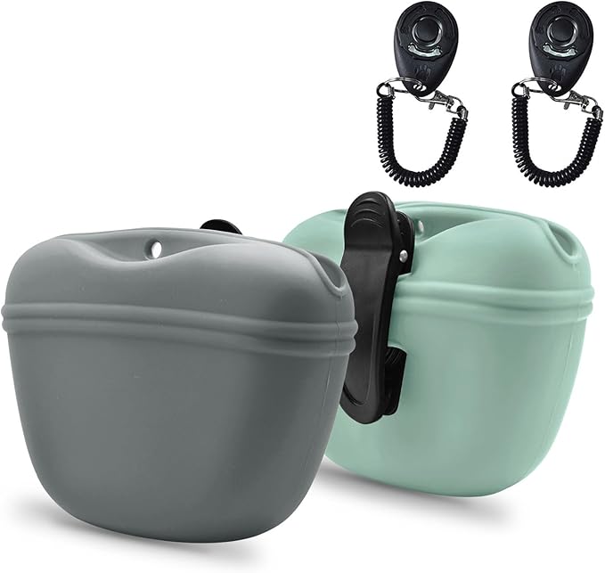 AUDWUD Silicone Dog Treat Pouch,with Dog Training Clicker,Clip on Portable Training Container,Convenient Magnetic Buckle Closing and Upgraded Waist Clip for Enhanced Stability