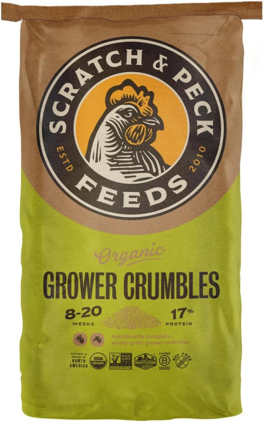 Scratch and Peck Feeds Whole Grain Grower Crumbles Chicken and Duck Feed - 25 lbs Bag - Corn-Free and Soy-Free - 17% Protein, Certified Organic and Non-GMO Project Verified