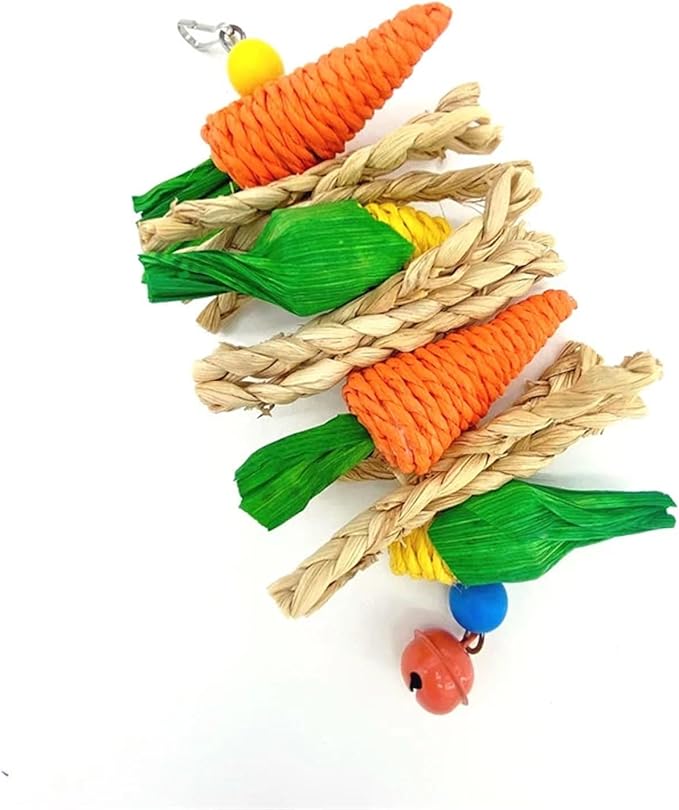 pureza Hand-Woven Straw Rope Chewing Toys for Parrots, Hamsters, and Rabbits - Carrot, Corn, and Rattan Ball Bird Cage Accessories(A Toy String)