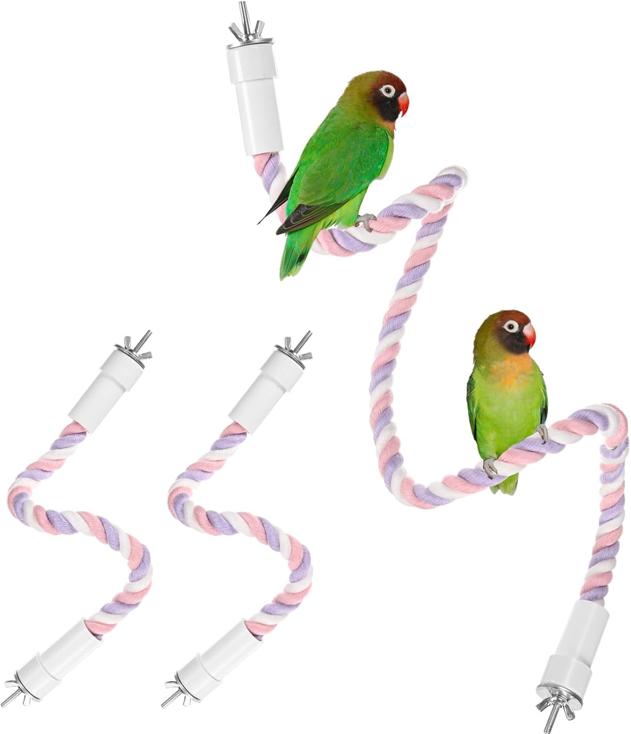 1-Set Rope Perches for Bird Cages, 13.8 & 31.5 in Length Comfort Grip Flexible Rope Perch Beak & Paw Grinding for Parrots/Cockatiels/Parakeets, Bird Platform Sand [Pink Purple]