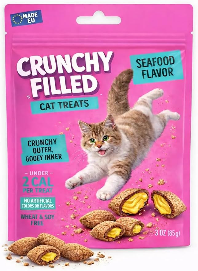 Calming Cat Treats for Indoor Cats – Crunchy Pillow Bites Gooey Center – Seafood Low Calorie Kitty Treats – Cat Snacks Food Topper Training Wheat Soy Free Healthy Dental – 3oz (Packaging May Vary)