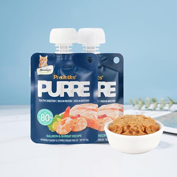 Prebiotics Purre Lickable Wet Cat Treat, Tuna & Crab Recipe, High in Probiotics, Calcium and Fish Oil, No Additives, (55gx2, Salmon & Shrimp)