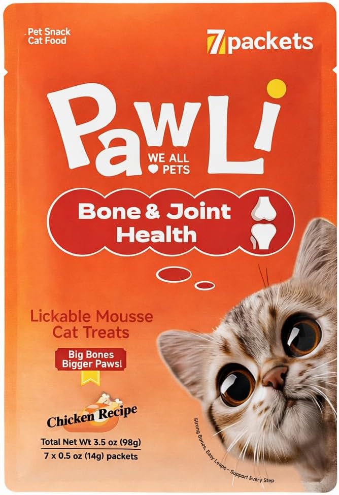 PAWLI Bone & Joint Lickable Cat Treats, Squeeze Cat Treats with Glucosamine for Joint Support & Mobility, Cat Treats for Joint Health, Grain-Free, 7 Count (3.5 oz Total)