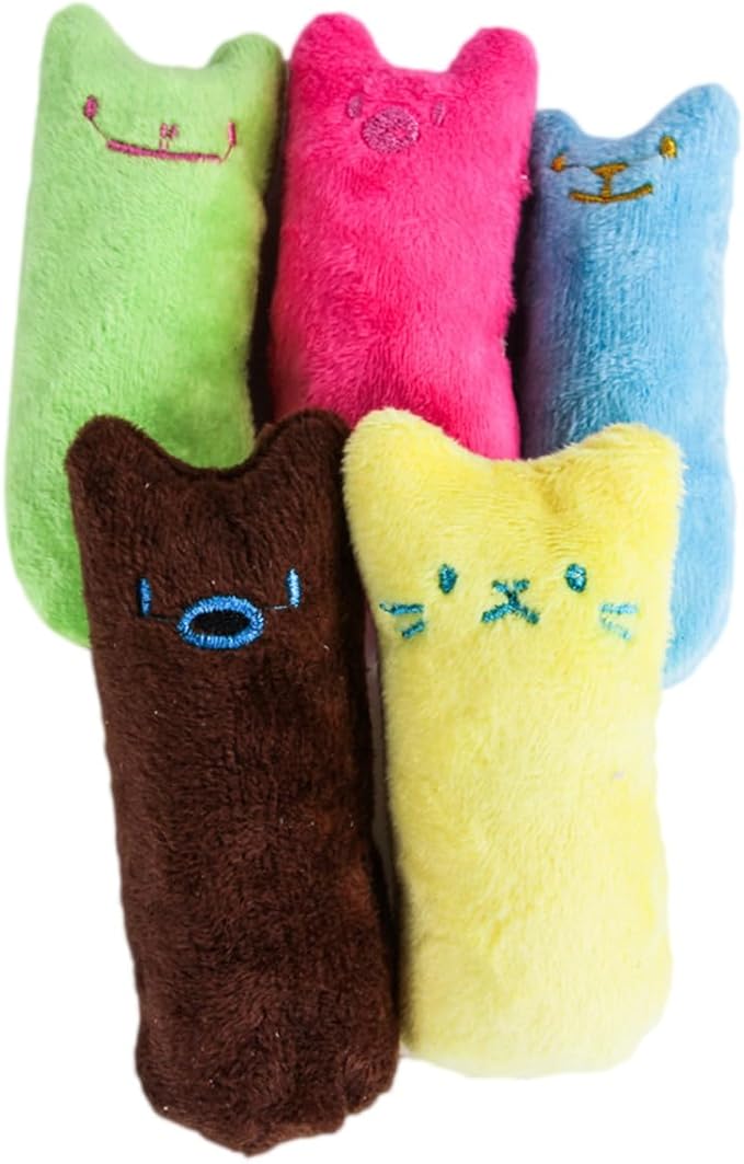 5Pcs Cat Chew Pillow with Catnip Soft Cotton Plush Pet Supplies Cartoon Design in Bright Colors Interactive Lifelike Kitten Teething for Indoor Cats Random Color