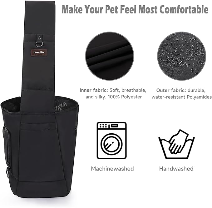 Dog Sling Carrier for Small Medium Dogs & Cats, Fits 7–18lbs, Soft Puffy Lightweight Pet Sling Carrier with Adjustable Padded Strap and Storage Pocket, Hands-Free for Travel, Hiking & Outdoor Black