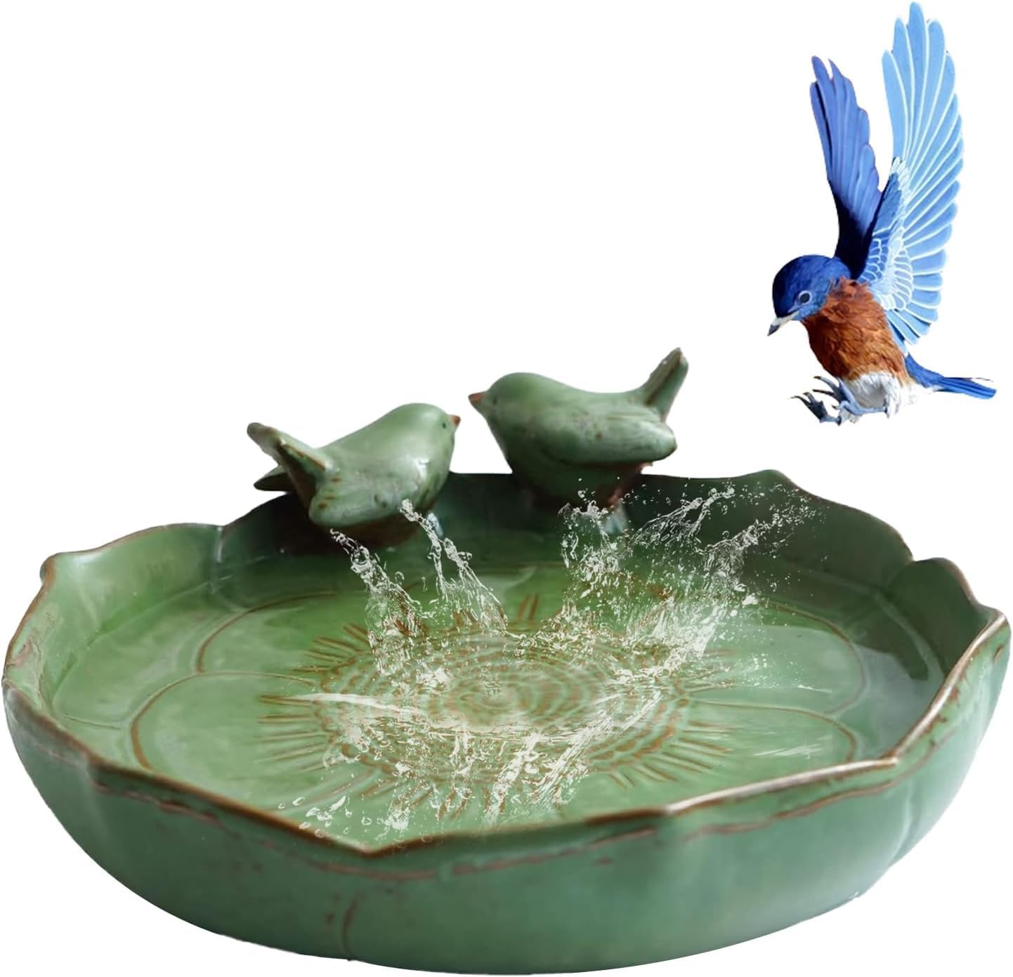 Ceramic Bird Bath for Outside, Resin Birdbath Bowl with Vintage Ornament,Ground Feeders Bird Bath Feeding Bowl for Outdoors, Garden Deck, Balcony,Yard, Lawn.