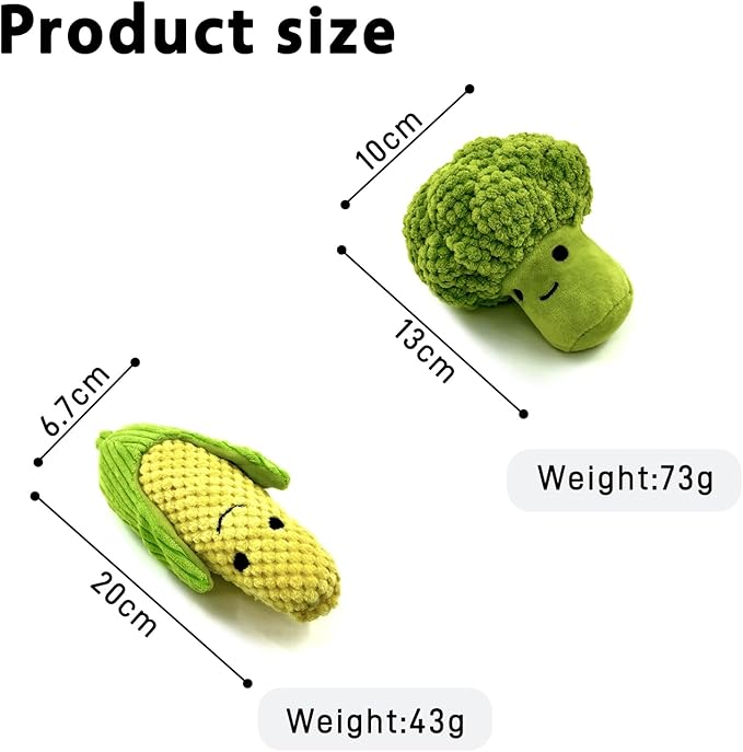 Broccoli & Corn Plush Pet Squeak Toys - Soft Plush with Squeaker, Cotton Filling, Portable Chew Toys for Small & Medium Dogs (Corn+Broccoli)