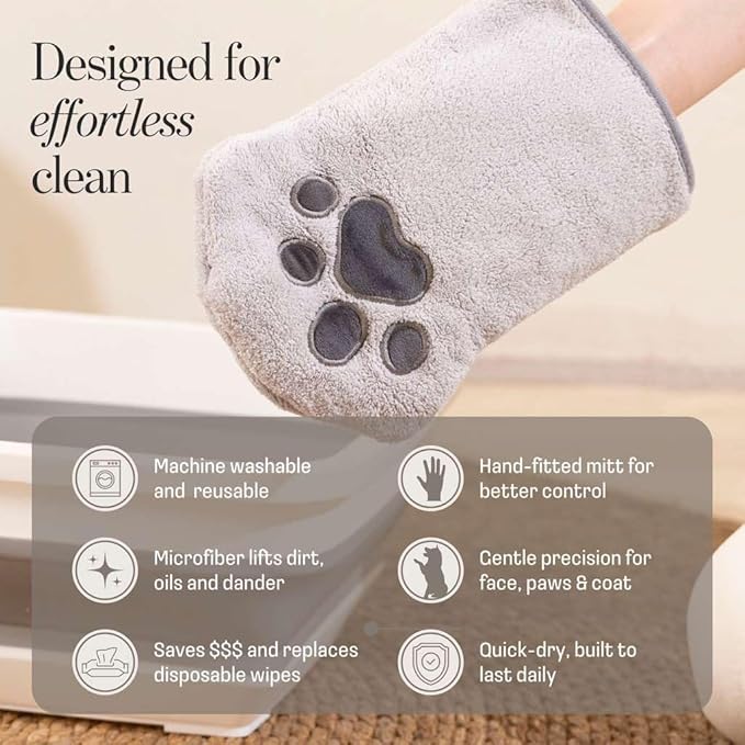 Concentrated Cat Waterless Shampoo & Conditioner with Bath Mitt - Rinse-Free, Sensitive Skin, Stress & Itch Relief Gentle Leave-in Serum – 98.65% Naturally Derived Dry Shampoo for Cats