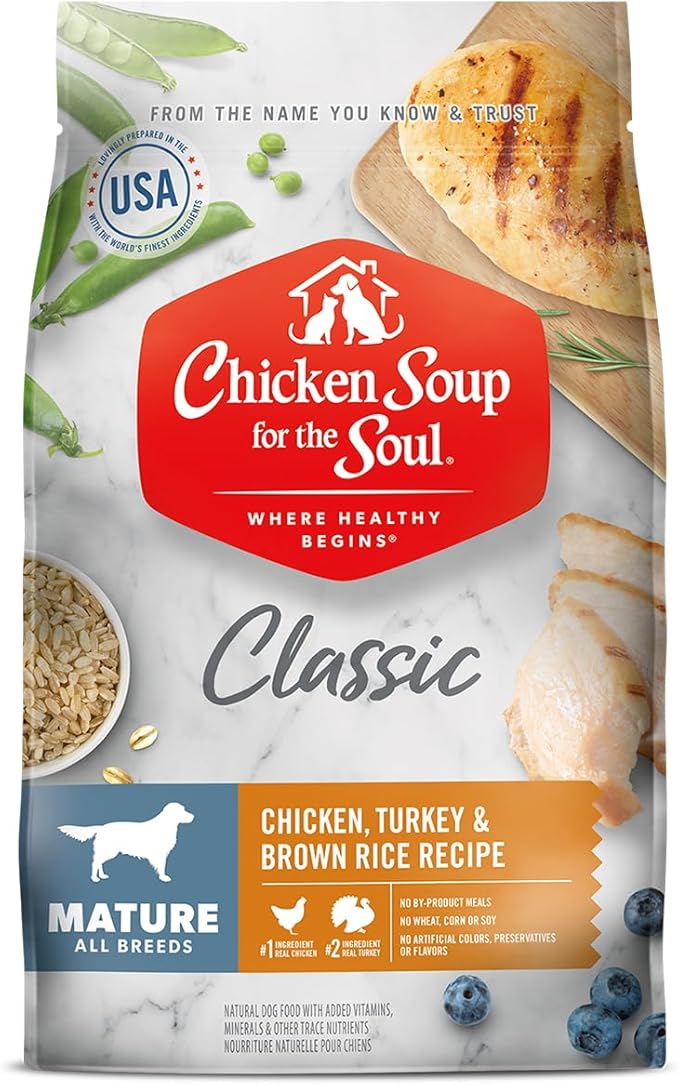 Chicken Soup for the Soul All Natural Premium Senior/Mature Dry Dog Food, Real Meat First Ingredient, No By-Products, Supports Joint Health and Mobility, Chicken, Turkey & Brown Rice, 28lb