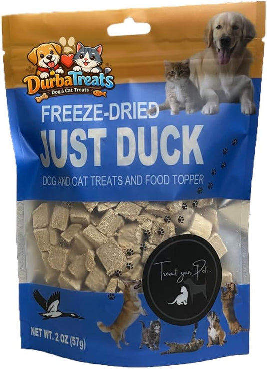 Freeze Dried Duck Raw Dog & Cat Treats - Intense Flavor, Single-Ingredient Grain-Free Hypoallergenic Snack, Food/Meal Toppers for Picky Eeaters. Improve Mobility in Senior Pets (2 Ounce, Just Duck)