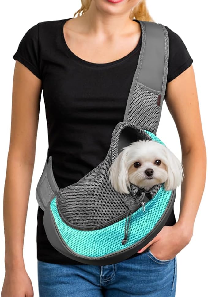 YUDODO Pet Sling Carrier for 2-5 lbs Small Dogs & Cats – Hands-Free Puppy Carrier with Safety Hook, Large Zipper Pocket, Soft Breathable Mesh, Adjustable Strap & Reflective Strip (Cyan 1.0 S)