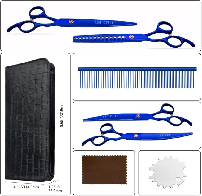Professional PET DOG Grooming Coated Titanium scissors suit Cutting&Curved&Thinning shears (7.5 inches, Blue)…