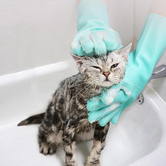 Pet Grooming Gloves Silicone Gloves with High-Density Teeth Enhanced Five Finger Design for Dogs Cats Bathing Massaging (Blue)