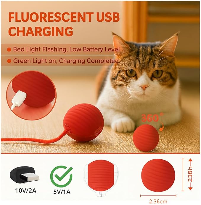 Interactive Cat Toy Ball – Rechargeable Smart Rolling Cat Ball Toy – Auto Movement – Indoor Cat Toys for Kittens – Light-Up Modes – Dual Speed – Cat Toys Interactive