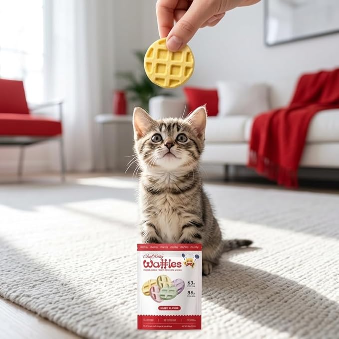 Waffle Freeze Dried Chicken Cat Treats | Healthy Kitten Treats Inspected in USA | Human Grade Dog & Cat Food Toppers | Without Additives, 4 Flavors, 2.1 oz