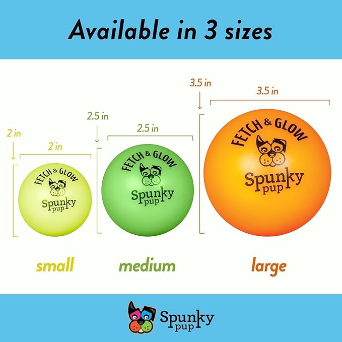 Spunky pup Fetch & Glow Ball Dog Toy | Glowing Logo Toss Balls for Large Dogs | Indoor & Outdoor Active Play | Durable | Waterproof & Floats | Non Toxic | Assorted Colors | For Large Dogs