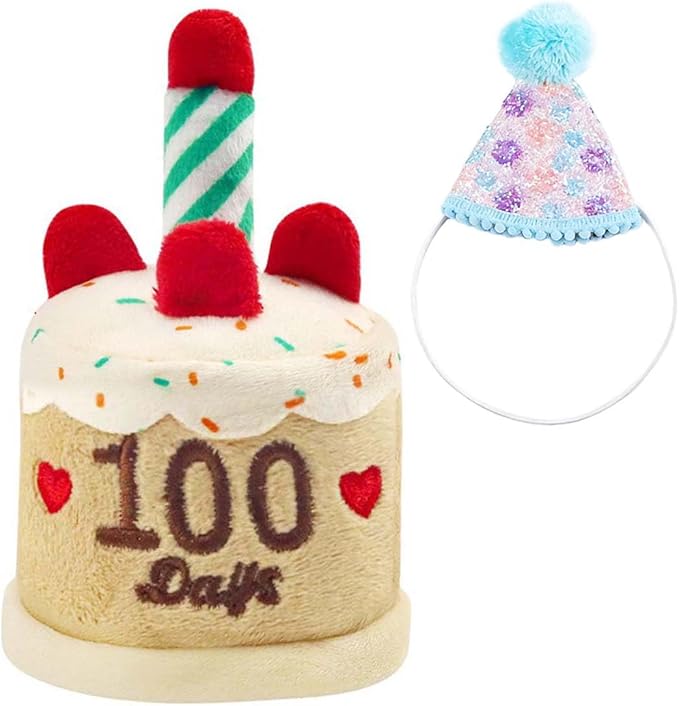 Cat Birthday Toy Kitten Cake with Birthday Hat Puppy Dog Plush Gift for Small Medium Pet (100 Day)