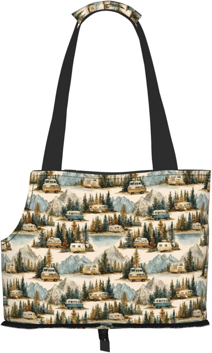 Camping Caravan (2) Print Foldable Pet Tote Bag, Shoulder Carrier for Small Dogs and Cats